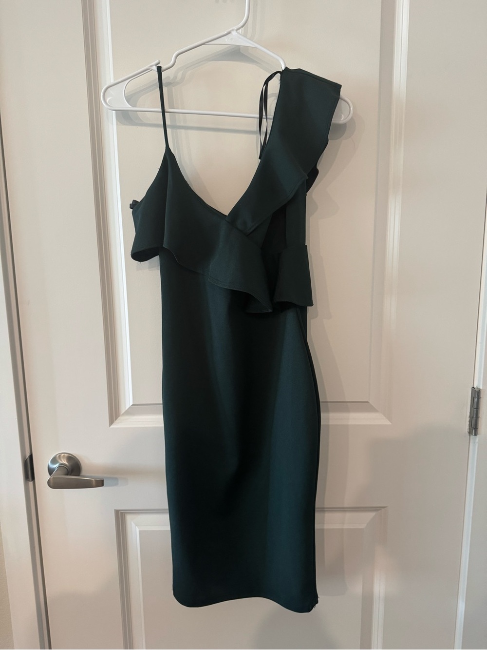 Windsor One-Shoulder Ruffle Dress in Forest Green